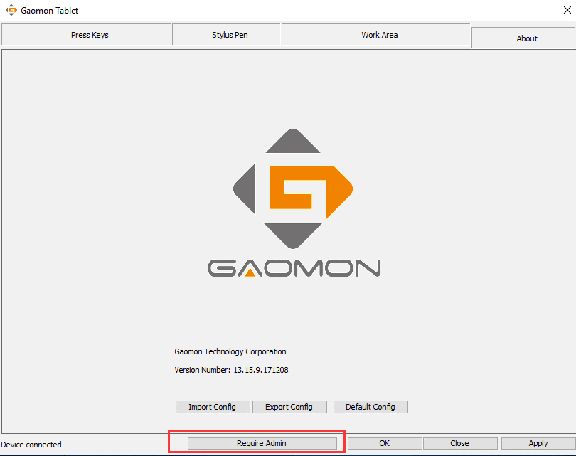 Click 'Require Admin' in GAOMON driver interface to make GAOMON tablet work in Zbrush 4R8