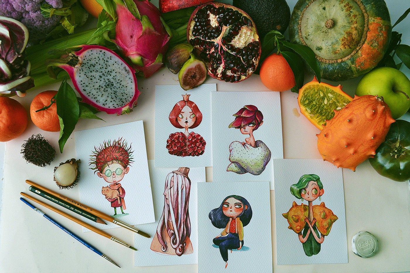 fruit and characters that Marija Tiurina has drawn