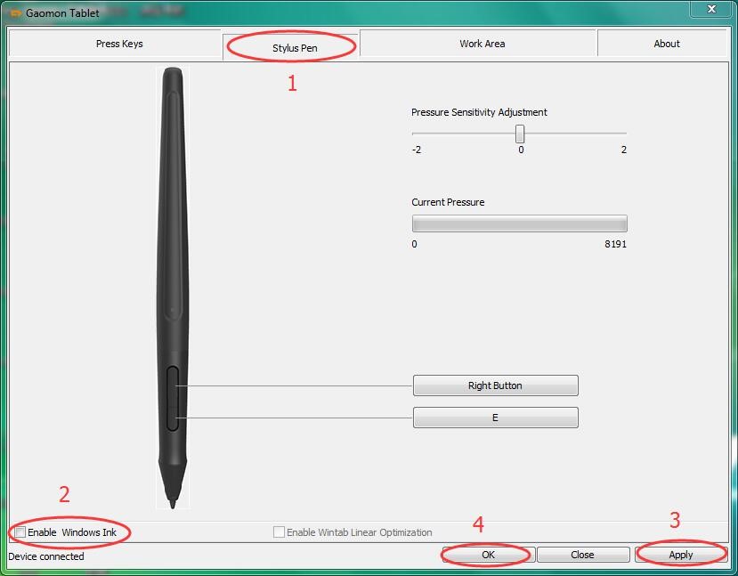 enable pressure sensitivity in illustrator inklet