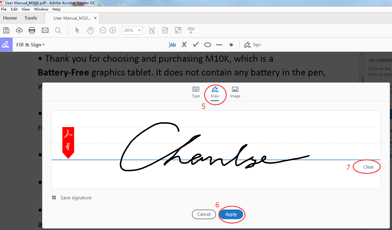 click 'Draw' and use GAOMON tablet to write your handwritten name in PDF in Adobe Acrobat Reader DC