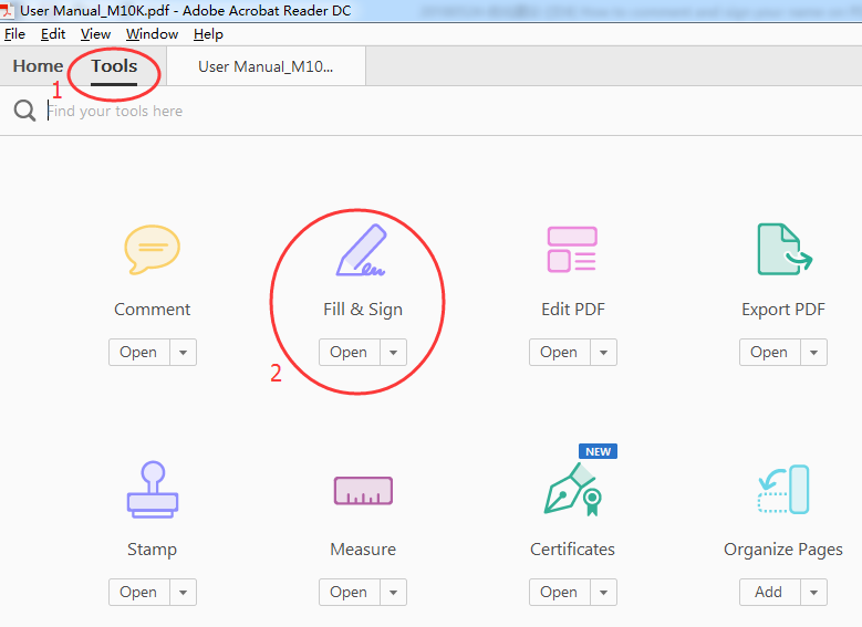 step: find Fill&Sign in Tools in Adobe Acrobat Reader DC