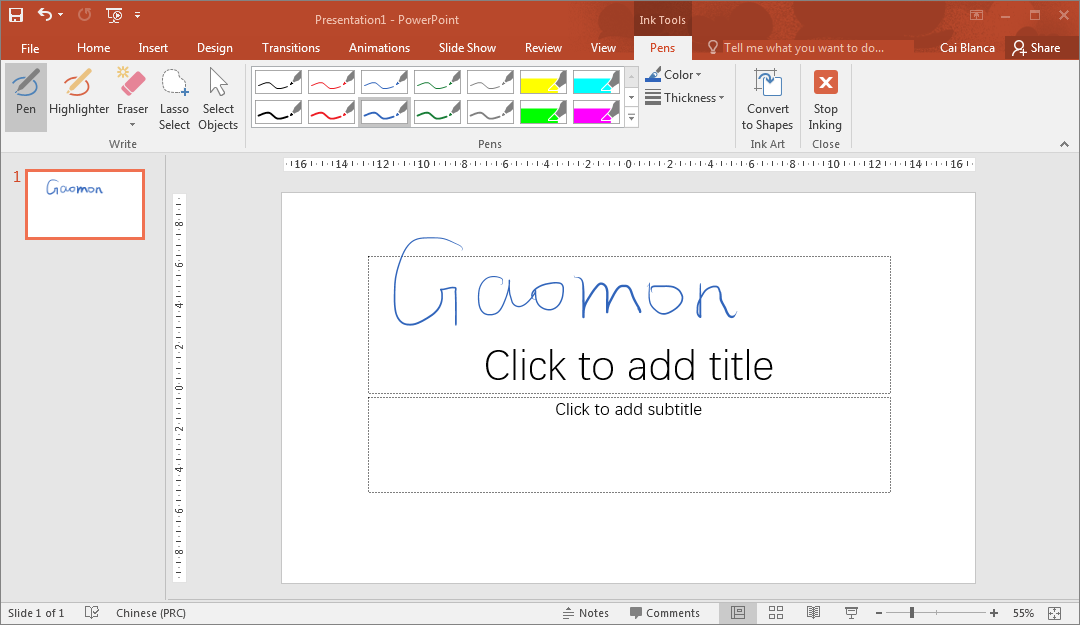 an example to use GAOMON graphic tablet to freely draw words 'Gaomon' in PowerPoint sliders