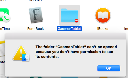 A box reminding GAOMON driver 'you don’t have permission’ in Mac