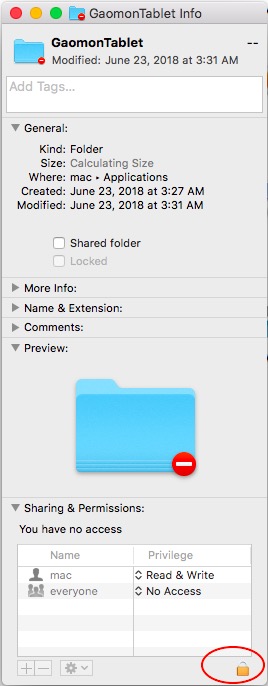 Click the lock-shaped icon in 'Get Info' box of GAOMON driver folder in Mac