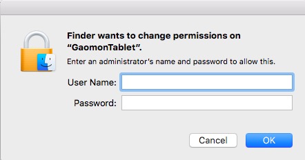 Input your administrator’s name and password and then you can get the permission of GAOMON driver folder in Mac