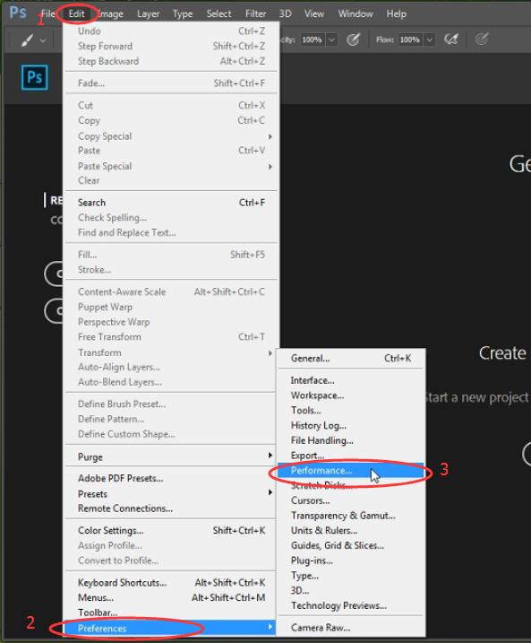 select edit, then preference, and then performance--to resolve GAOMON delay in Photoshop