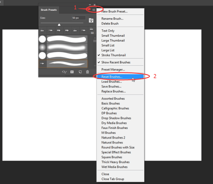 select reset brushes from the sub-menu of the three line--to resolve GAOMON delay issue in Photoshop 