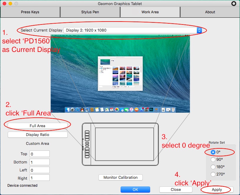 select PD1560--full area--0 degree--right-handed mode for GAOMON PD1560 in Mac OS