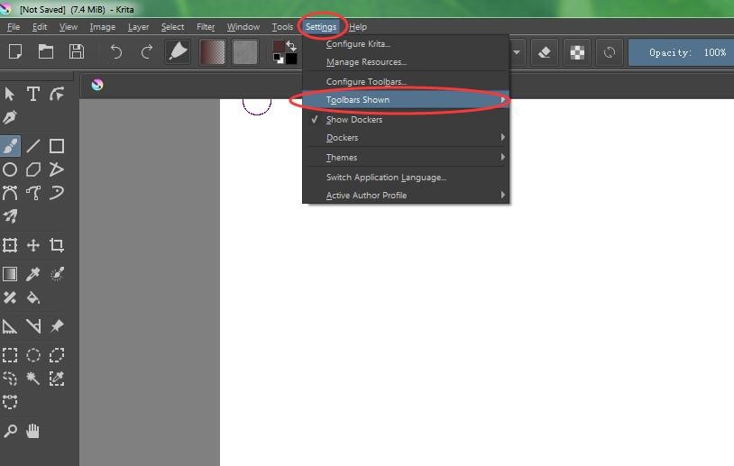 Click ‘Settings’--> ‘Toolbars Shown’ --> select ‘File’ to show the icon of ‘Use Pen Pressure’ 