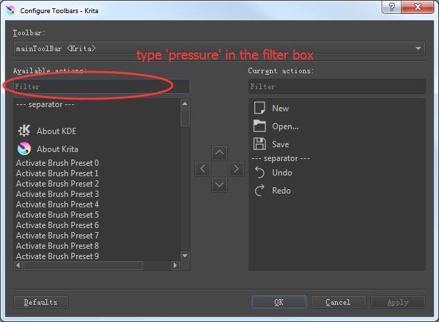 type 'pressure' in the filter box of configure toolbars