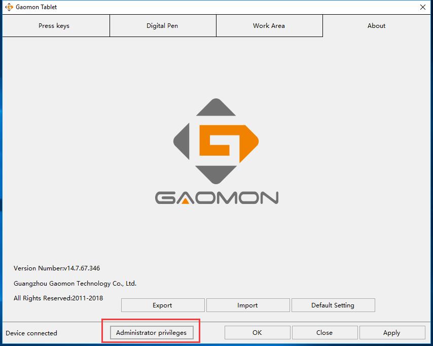 GAOMON driver says 'Administrator privileges'