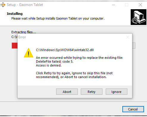 When Install Driver in Windows, System Hints Text: ‘C:\Windows\SysWOW64\wintab32.dll’ & ‘An error occurred’