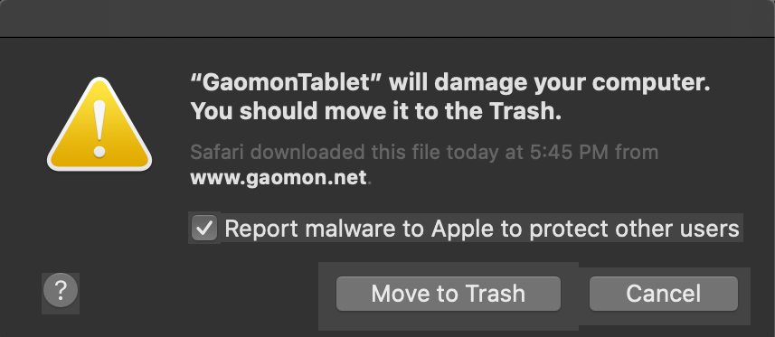 Mac OS 10.15 indicates that gaomon tablet driver will damage your computer