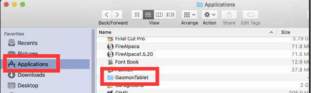 Go 'Finder'-->'Applications', and find the folder 'GaomonTablet'